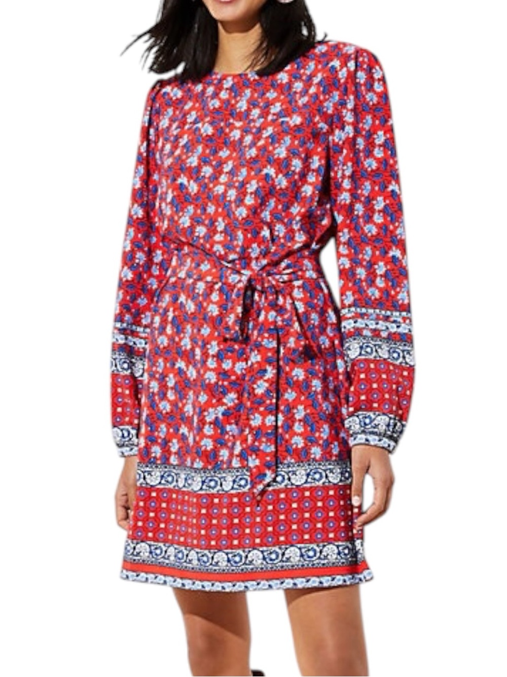 LOFT Red Border Floral Dress Tie Waist Blue White Tunic SZ Extra Small Petite